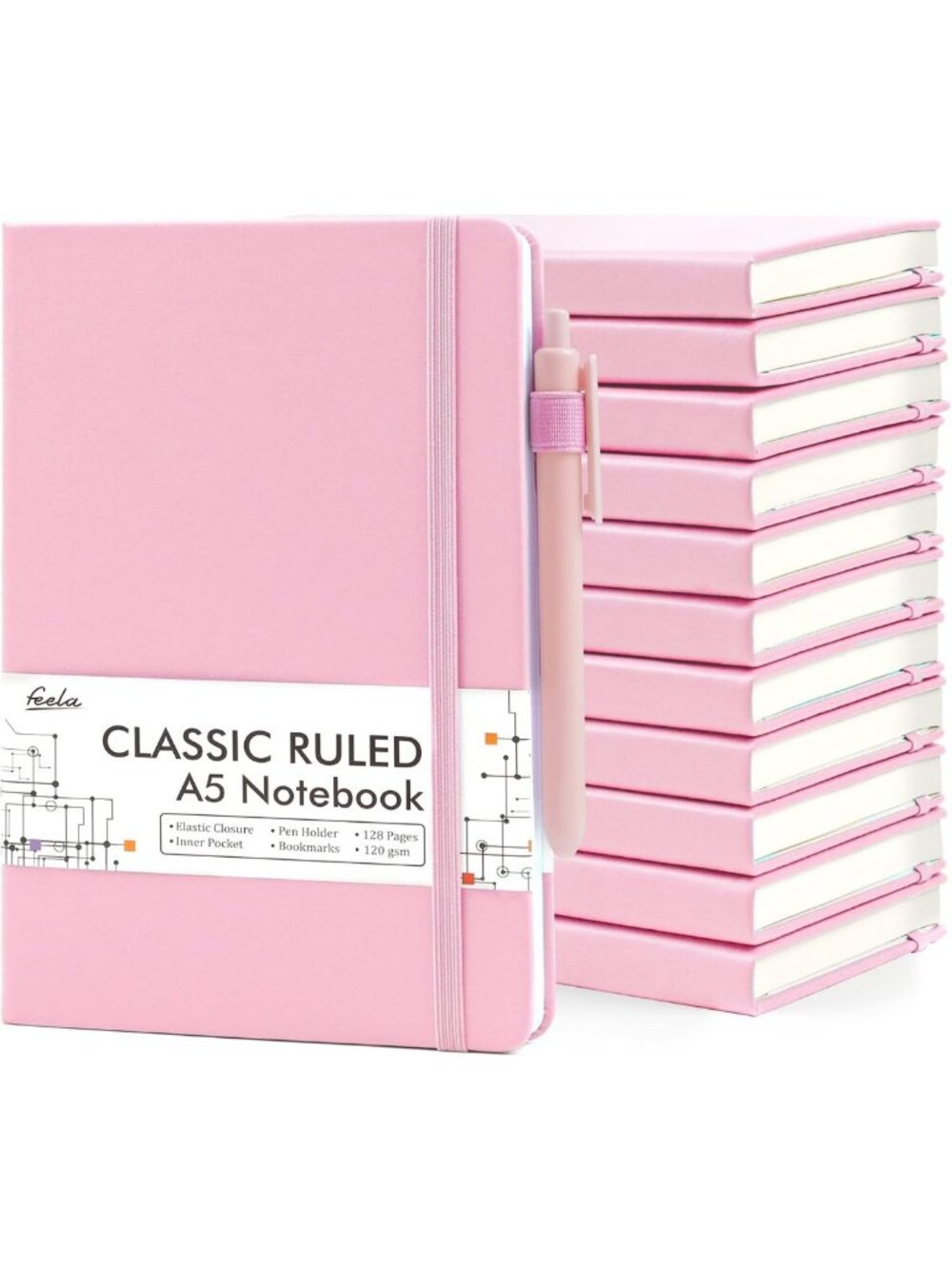 12 Pack Hardcover Notebooks & Journals with Pen Holder, A5, Ruled, Rose Pink